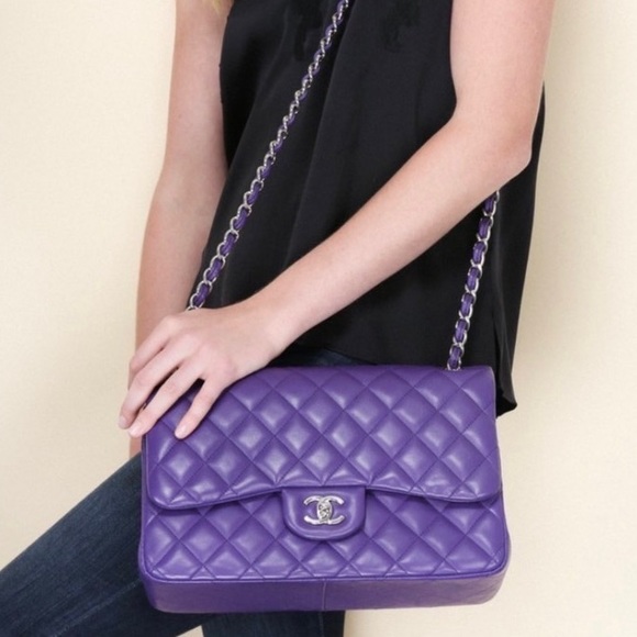 ⭐️JUMBO⭐️CHANEL classic Lambskin Jumbo double flap Lavender quilted silver chain - Picture 6 of 17